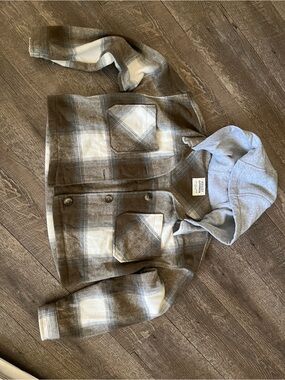 Ashley By 26 International Brown & Cream Plaid Cropped Hooded Jacket